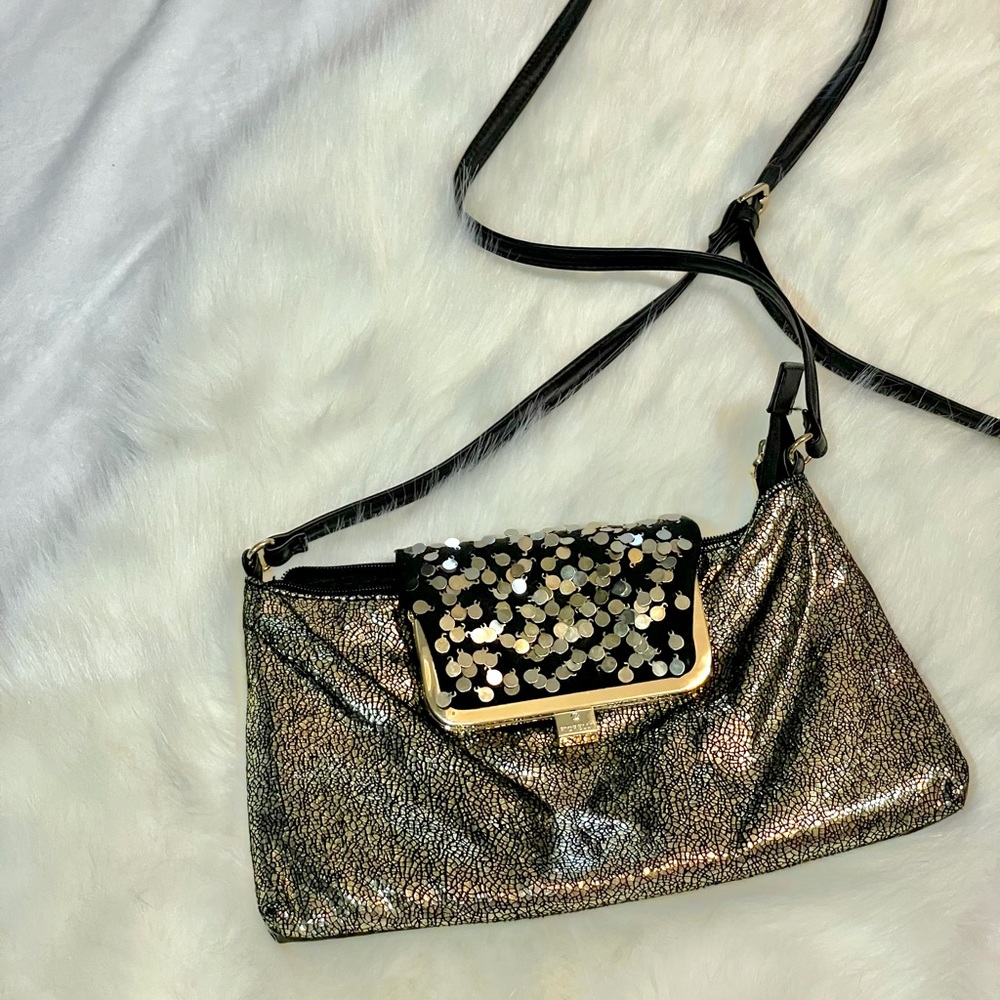 Fiorelli black and gold, small, crossbody bag with gold sequins and coin purse